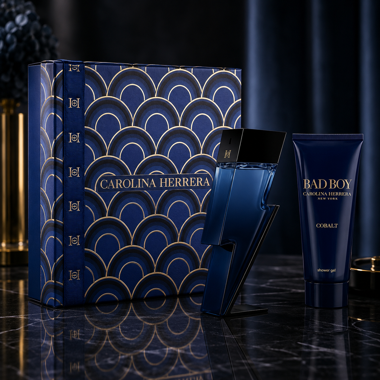 Carolina Herrera Bad Boy Cobalt Eau De Parfum 3.4 oz 2 Pc Gift Set 3.4 Eau De Parfum Spr + 3.4 Sg for Men