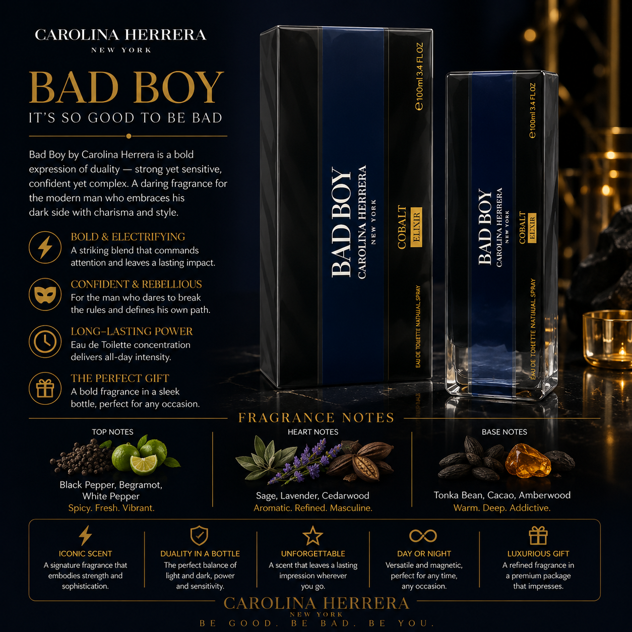 Carolina Herrera Bad Boy Cobalt Elixir Eau De Parfum 5.1 oz Limited Qty for Men