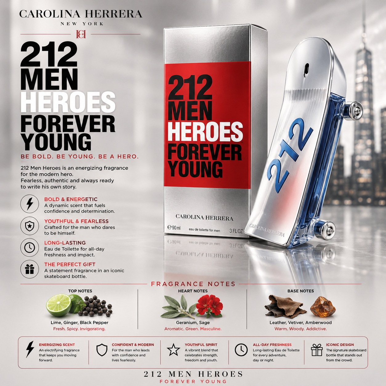 Carolina Herrera 212 Men Heroes Forever Young Eau de Toilette Spray 3.0 oz for Men