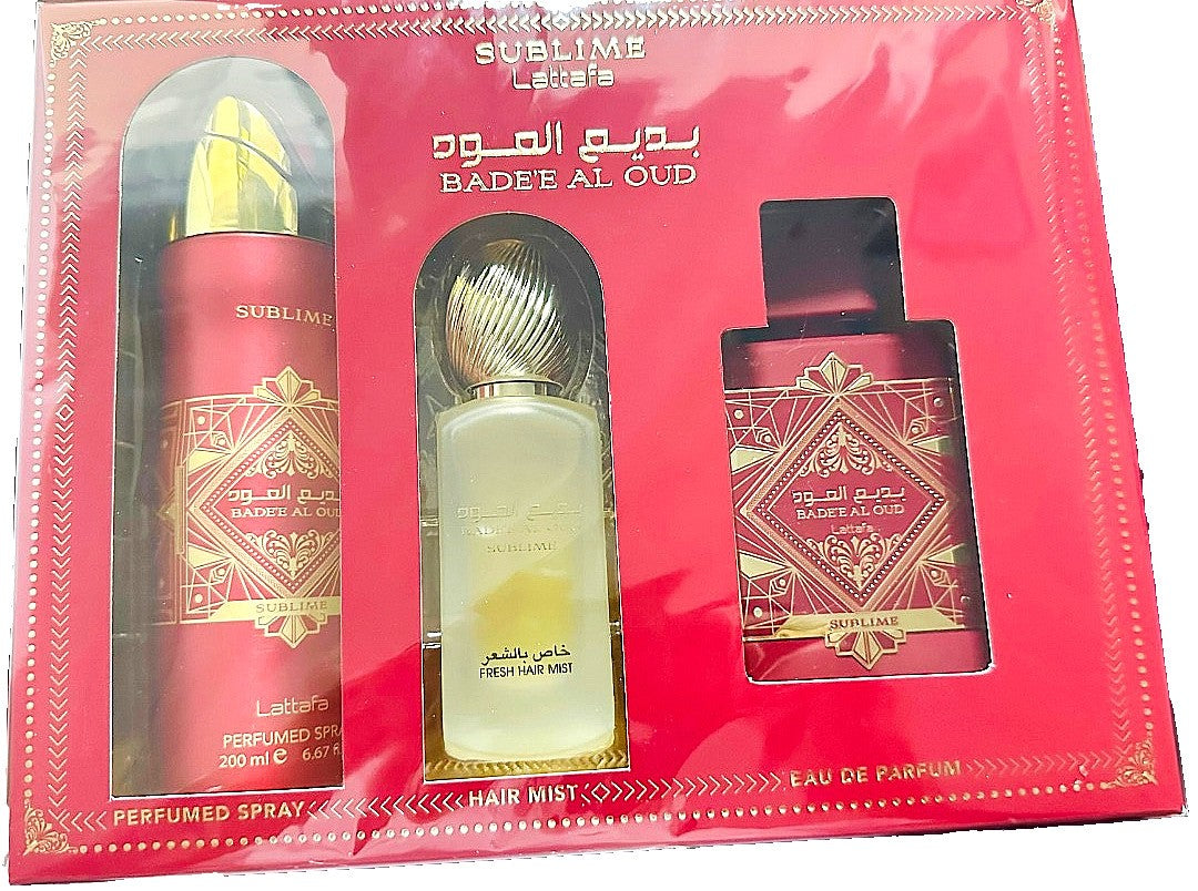 Lattafa Badee Al Oud Sublime Eau De Parfum 3.4 oz 3 Pc Set 1.7 oz Hair Mist + 6.7 oz Deo Spr for Unisex