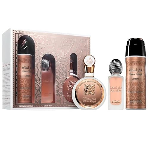 Lattafa Fakhar Eau De Parfum 3.4 oz 3 Pc Set 1.7 oz Hair Mist + 6.7 oz Deo Spr for Women