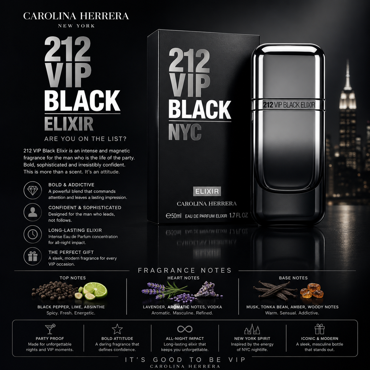 Carolina Herrera 212 VIP Black Elixir for Men Eau de Parfum 1.7 oz