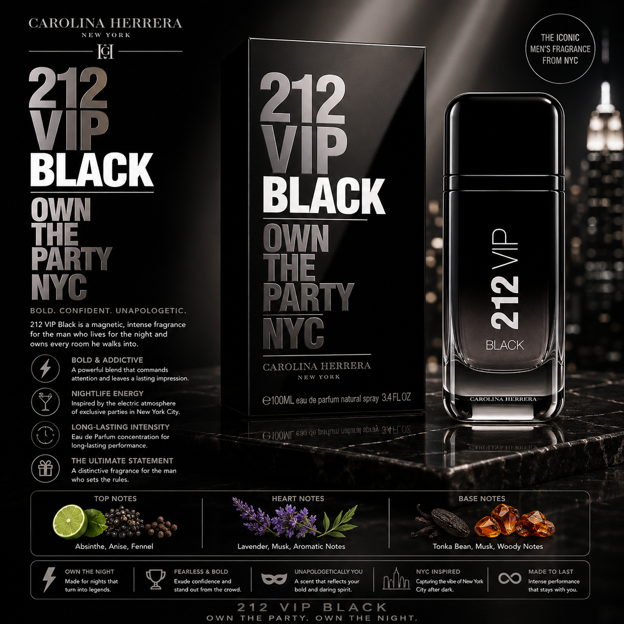 Carolina Herrera 212 VIP Black Eau de Parfum Spray 3.4 oz for Men