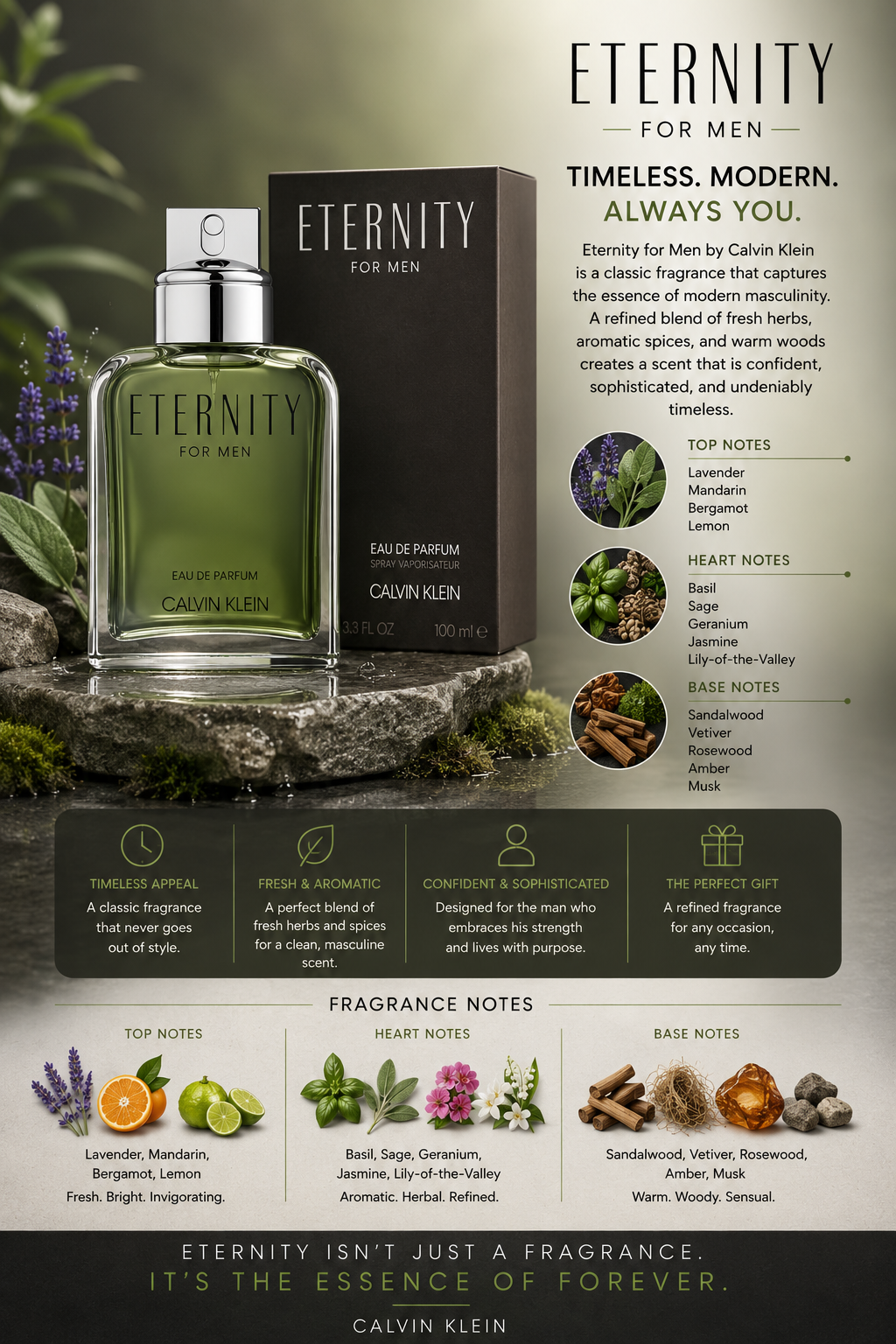 Calvin Klein Eternity Eau De Parfum 3.4 oz for Men