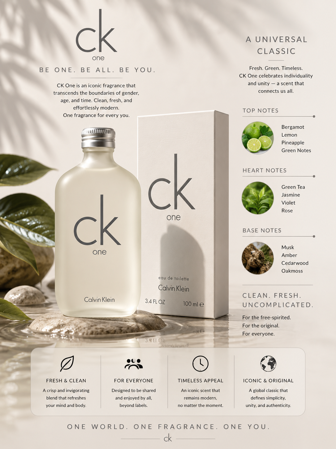 Calvin Klein One Eau De Toilette 3.4 oz - Clean Not Decoded for Unisex