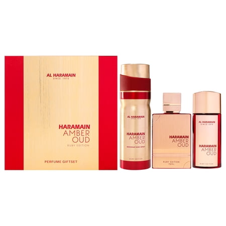 Al Haramain Amber Oud Ruby Eau de Parfum for Unisex 3PC Set 2.5 oz, 1.0 oz, 6.6 oz Body Sp