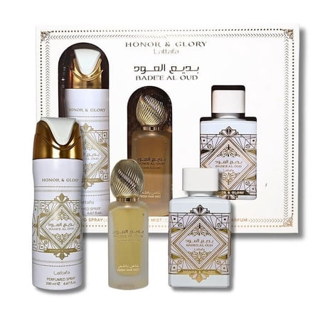 Lattafa Badee Al Oud Honor Glory Eau de Toilette 3.4 oz, Hair Mist 1.7 oz, Body 6.7 oz for Unisex Gift Set