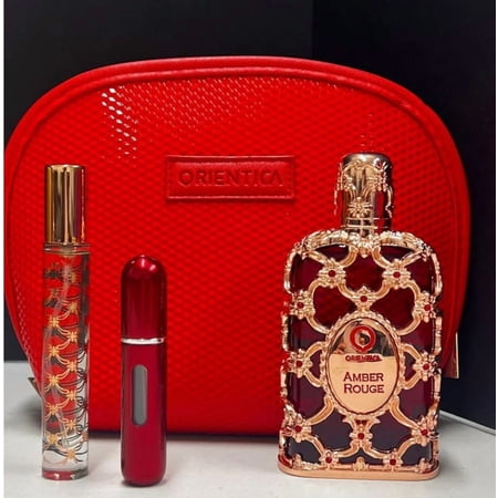 Orientica Amber Rouge Eau De Parfum 2.7 oz 4 Pc Set 10 ml Travel Spray + Atomizer + Bag for Women