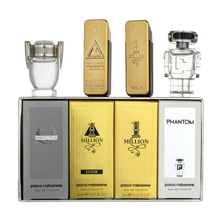Paco Rabanne Mini Set Eau De Toilette 4*0.17 oz 1 Million Eau De Toilette + 1 Million Elixir Intense Parfum + Invictus Eau De Toilette + Phantom Eau De Toilette for Men