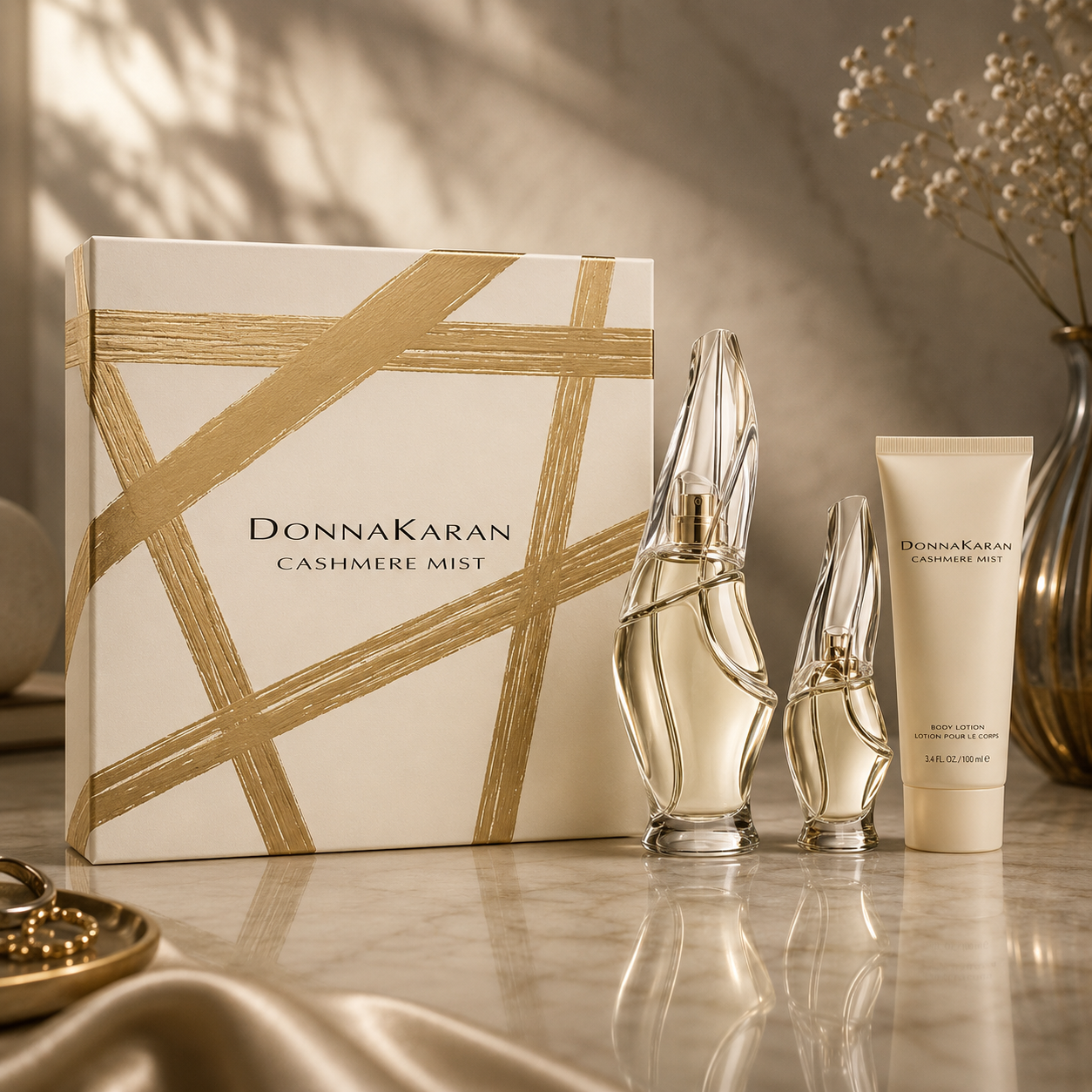 Donna Karan Cashmere Mist for Women 3PC Set 3.4 oz Eau de Parfum, 3.4 oz Body Lotion, 15 ml Eau de Parfum