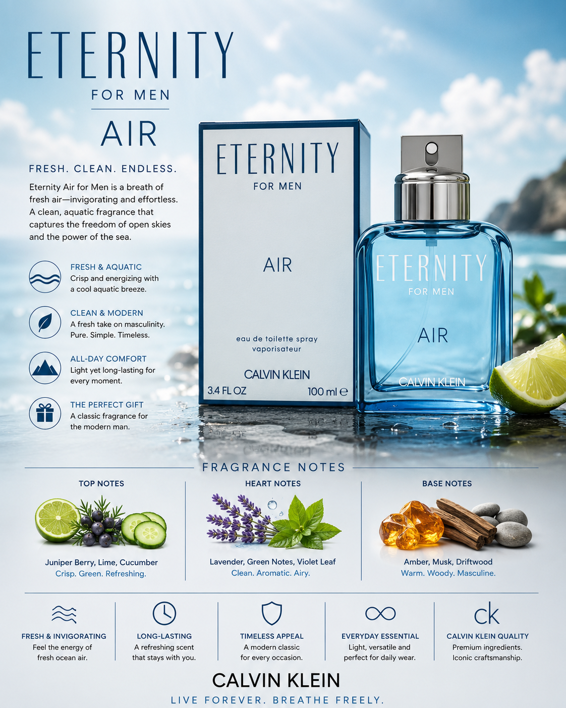 Calvin Klein Eternity Air Eau de Toilette 3.3 oz for Men