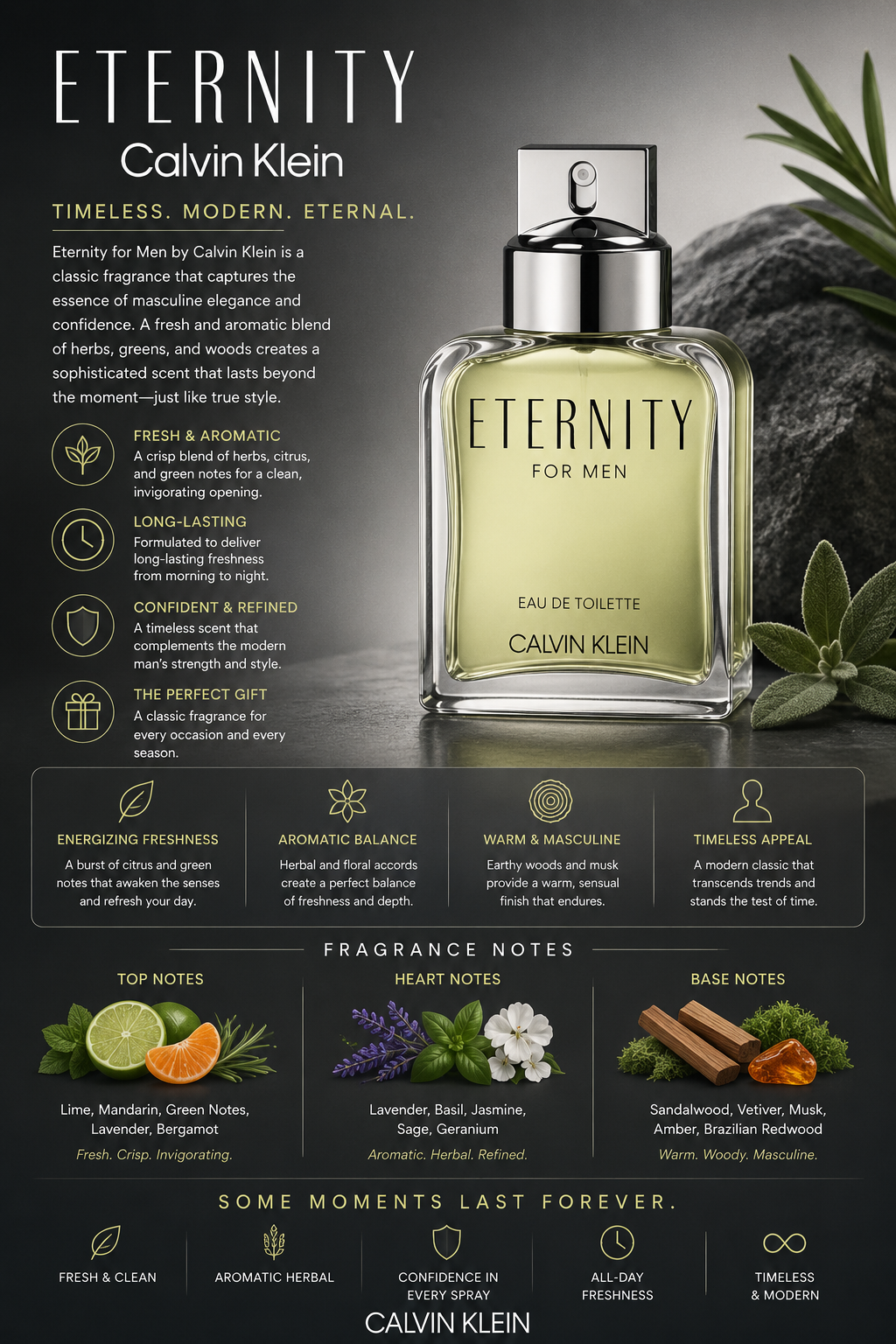 Calvin Klein Eternity Eau de Toilette 3.4 oz for Men