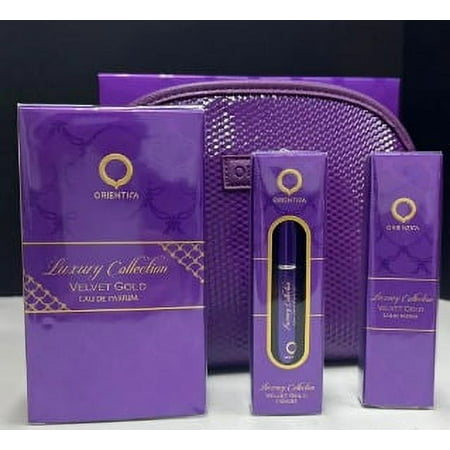 Orientica Velvet Gold Eau De Parfum 2.7 oz 4 Pc Set 10 ml Travel Spray + Atomizer + Bag for Women