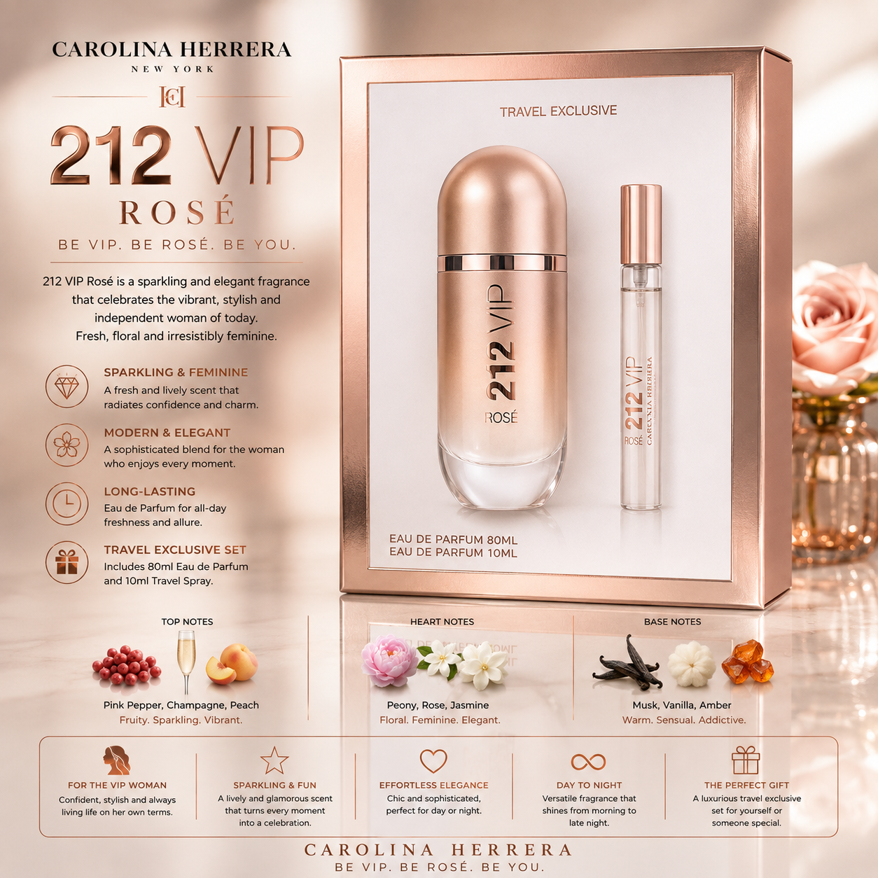 212 VIP Rose Eau de Parfum 2.7 oz for Women 2pc Set 10 ml Eau de Parfum