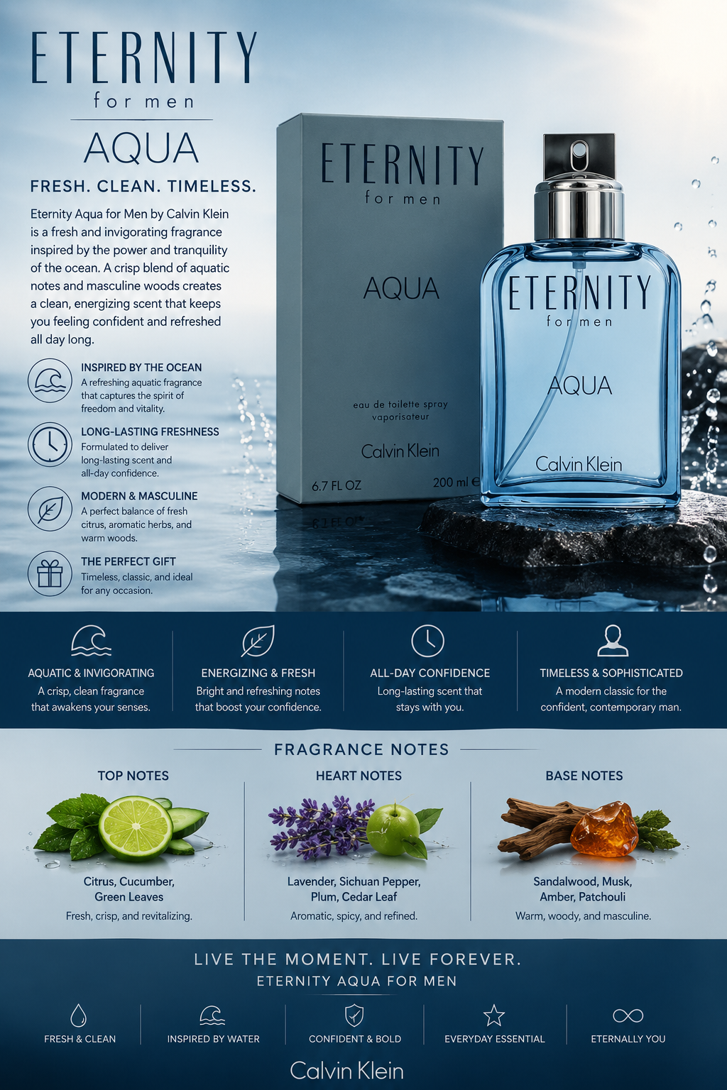 Calvin Klein Eternity Aqua (Eau De Toilette 6.7 oz New Pack) for Men