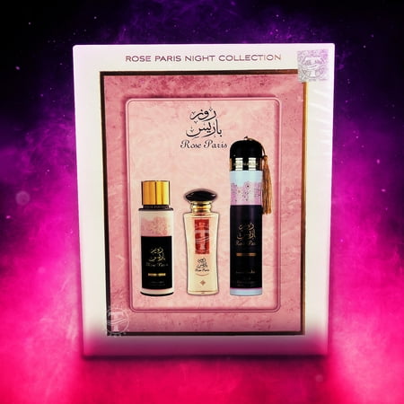 Ard Al Zaafaran Rose Paris Night Eau De Parfum 3.4 oz L 3 Pc Set 8.4 oz Body Spray + 10.0 oz Air Freshener