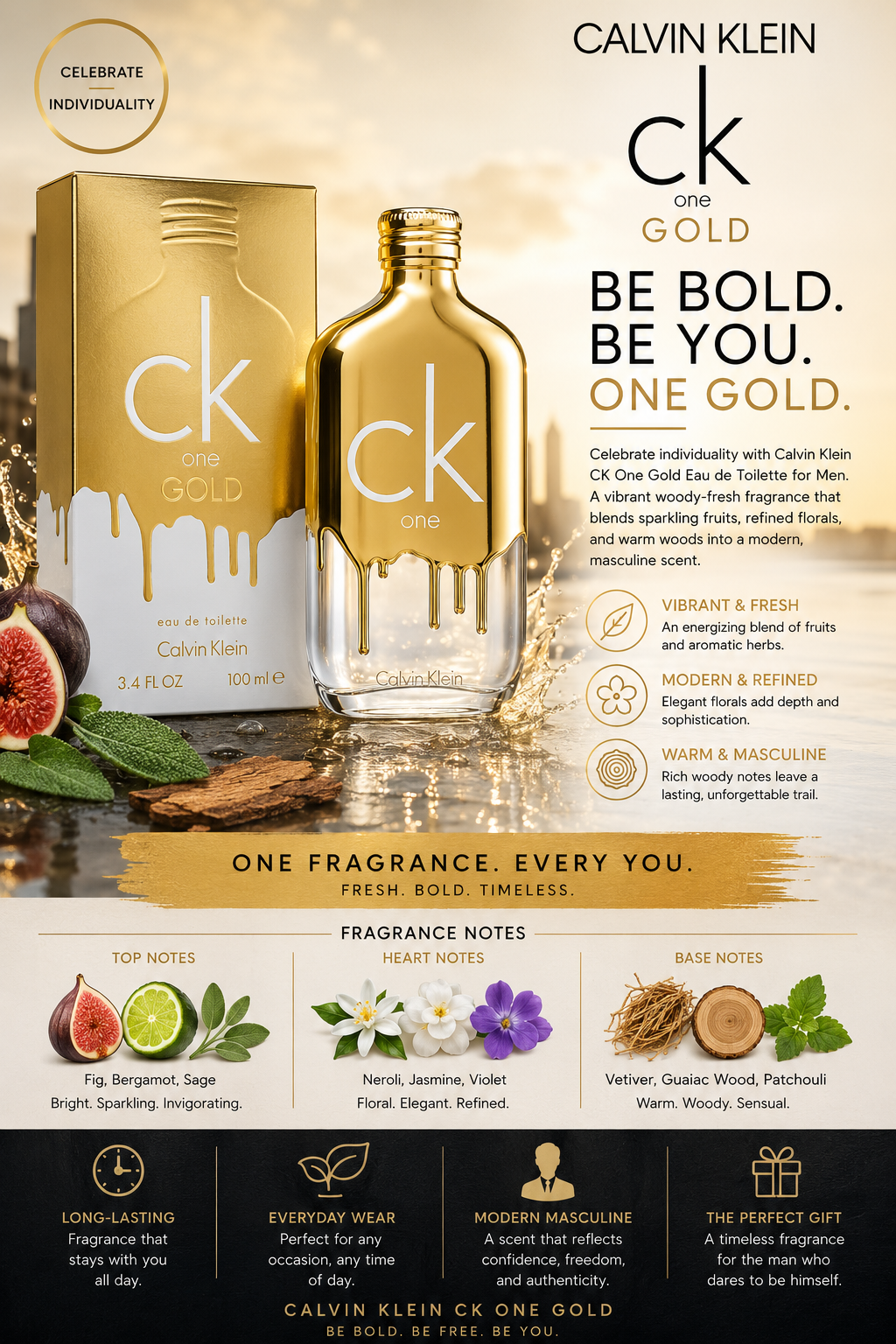 Calvin Klein One Gold Eau De Toilette 3.4 oz for Men