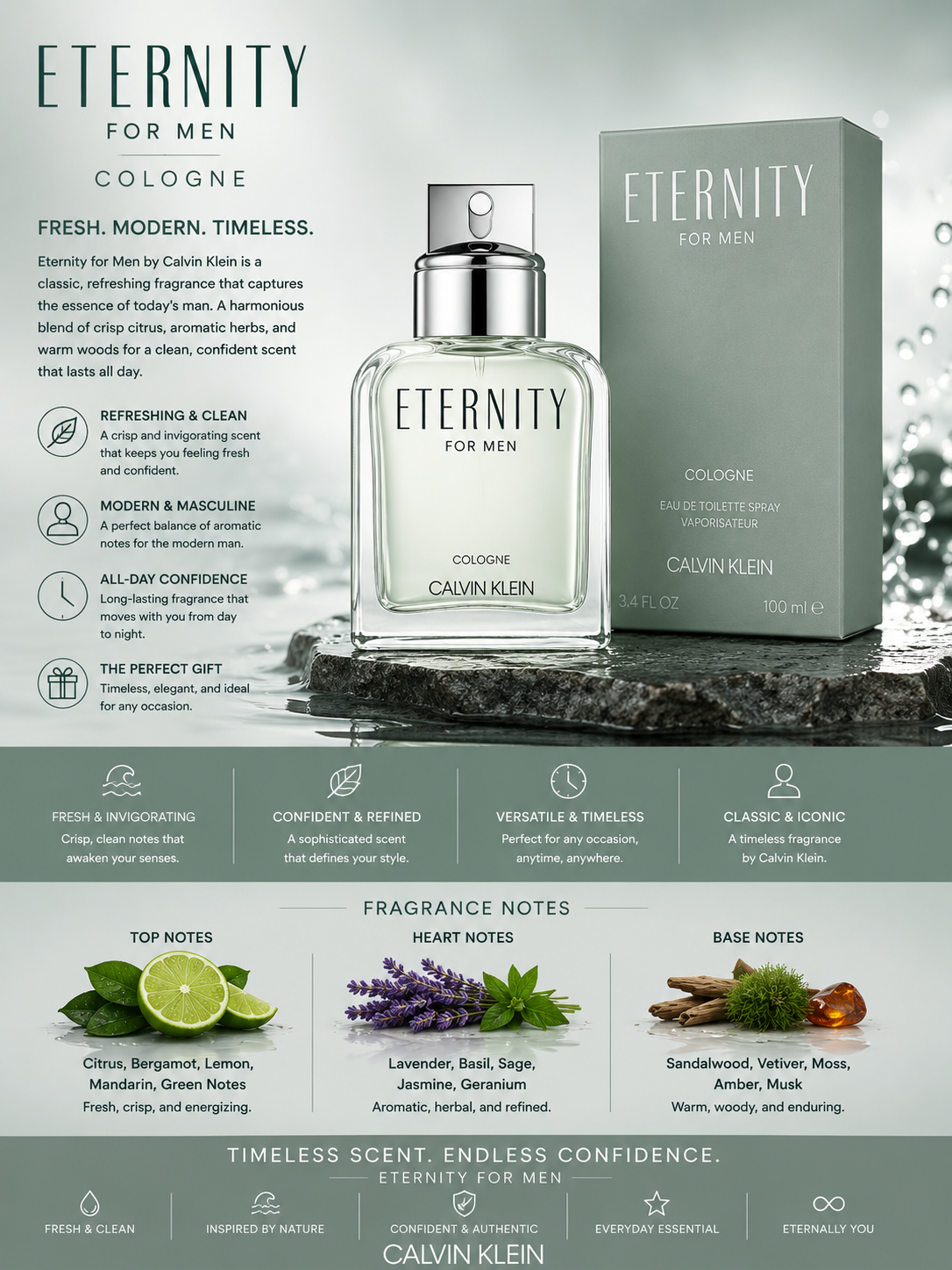 Eternity Cologne Eau De Toilette 3.3 oz for Men