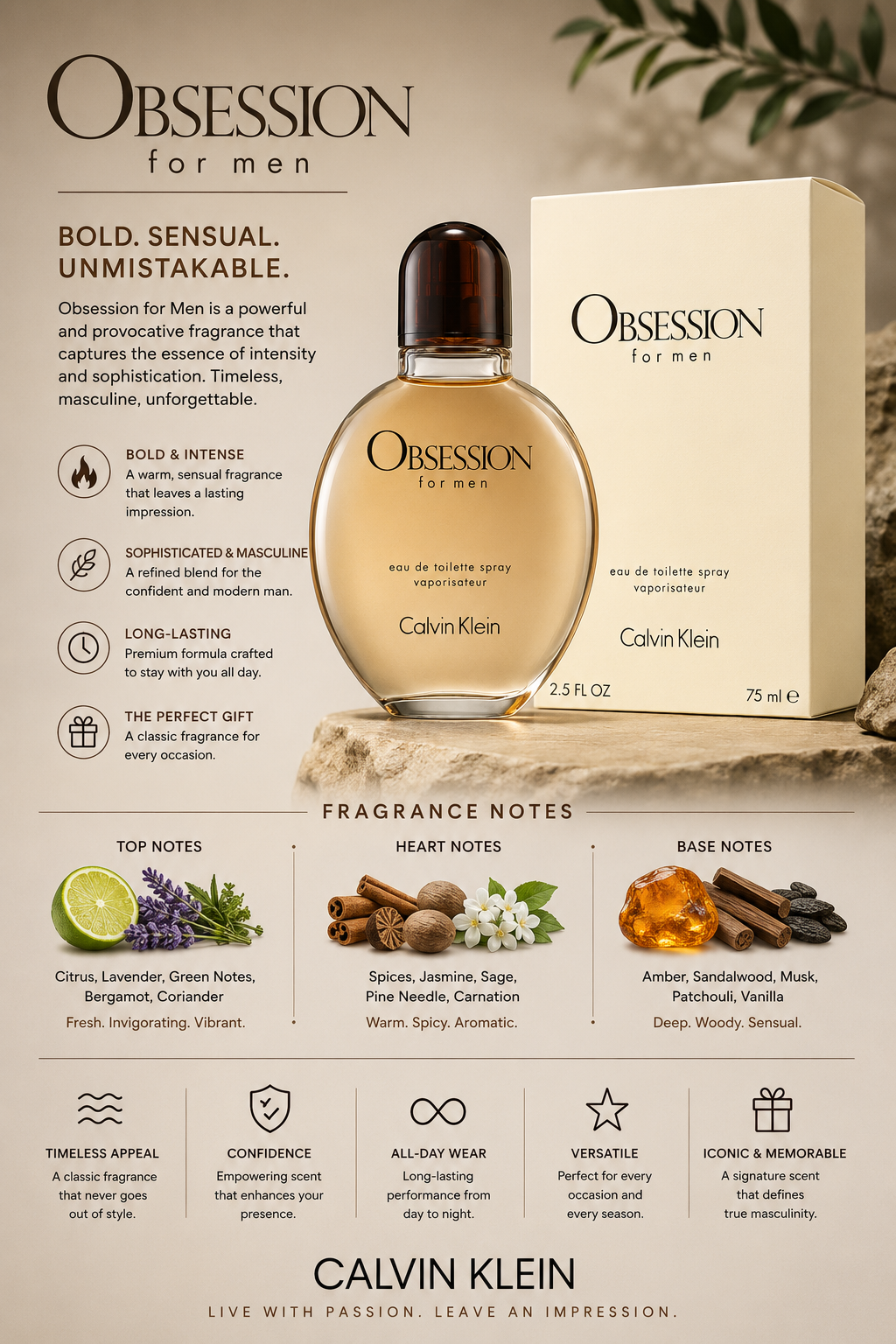 Calvin Klein Obsession Eau de Toilette 2.5 oz for Men