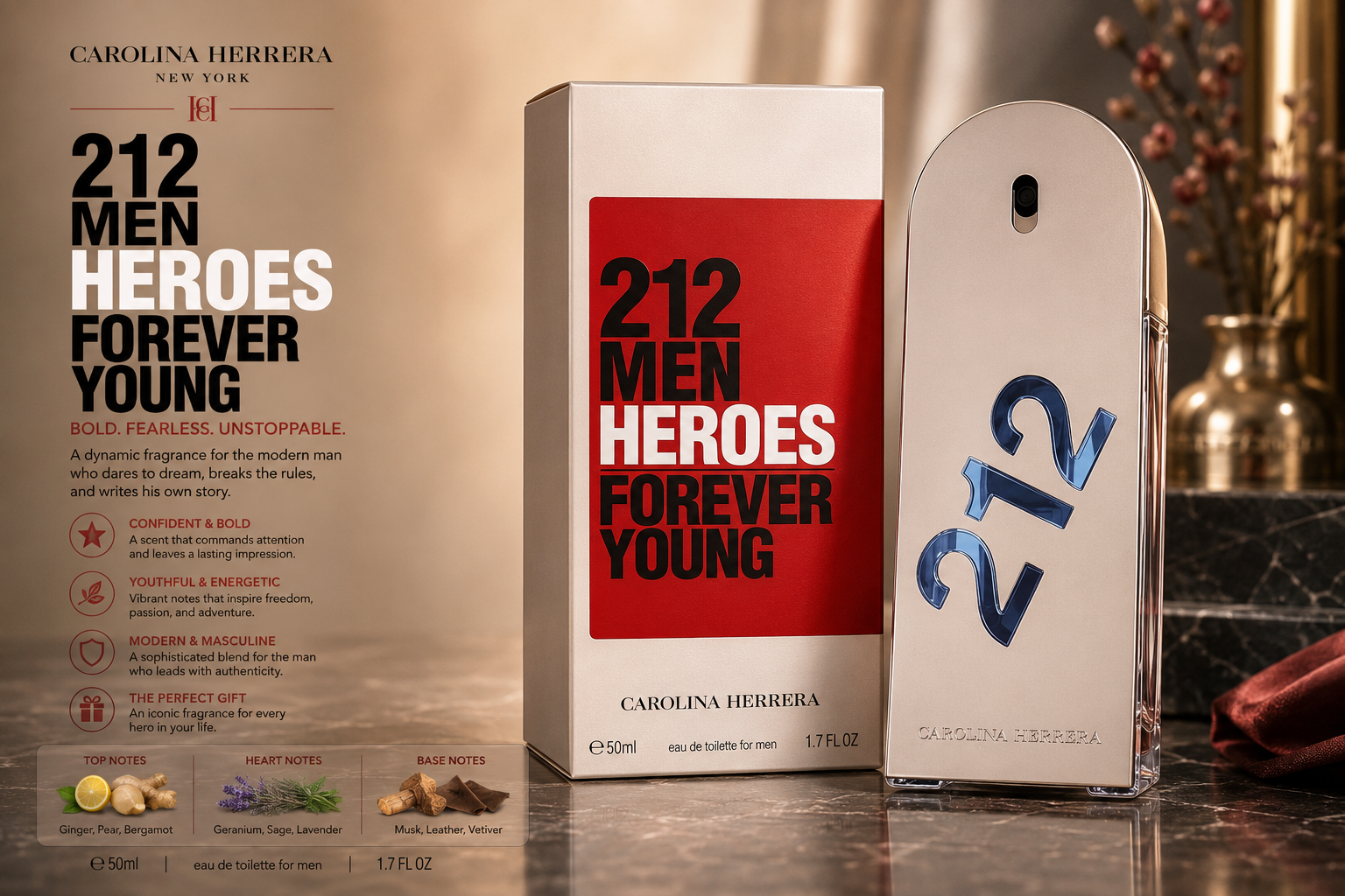 Carolina Herrera 212 Heroes Forever Young Eau de Toilette Spray 50 ml for Men