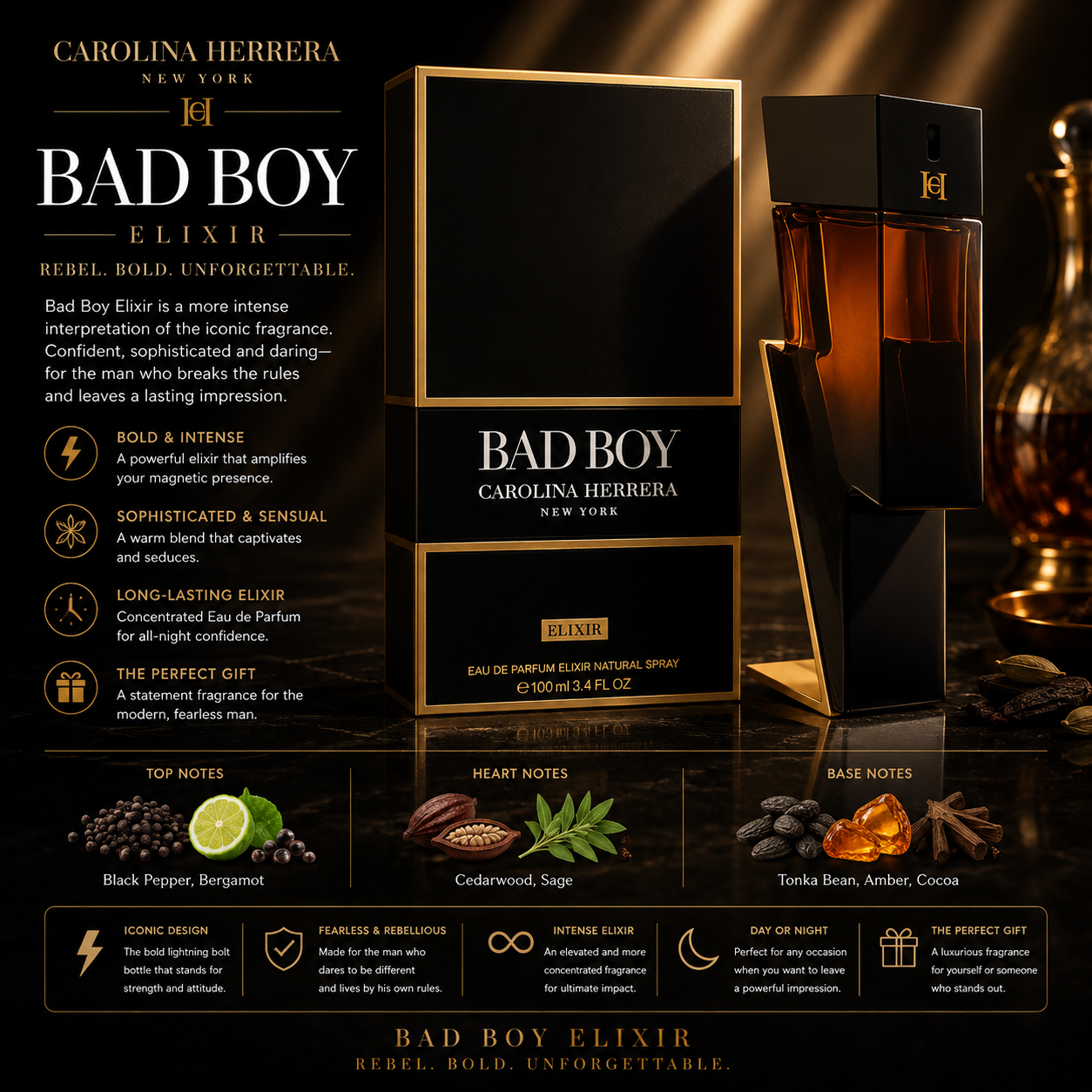 Carolina Herrera Bad Boy Elixir  Eau De Parfum 3.4 oz for Men