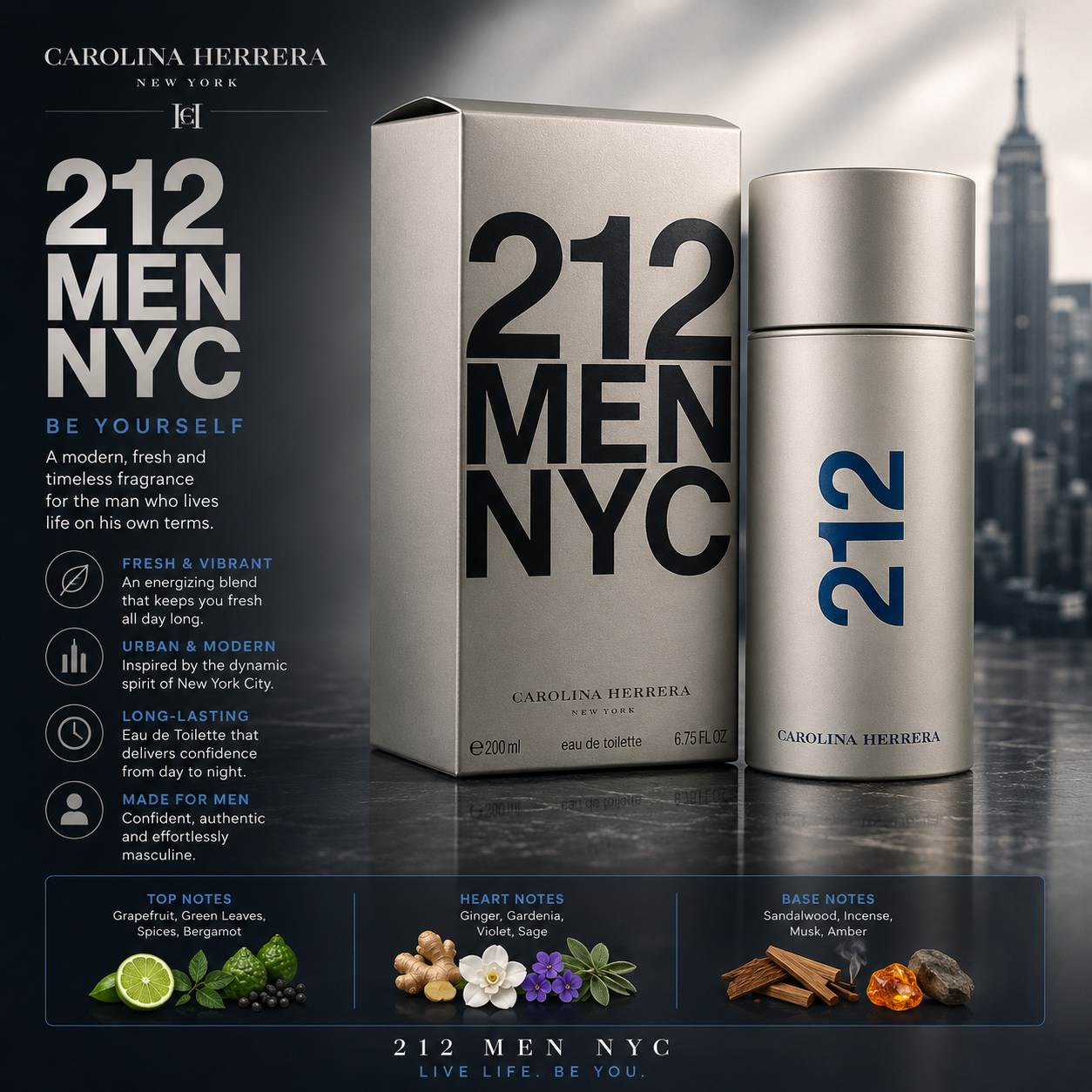 Carolina Herrera 212 Eau De Toilette 6.7 oz for Men