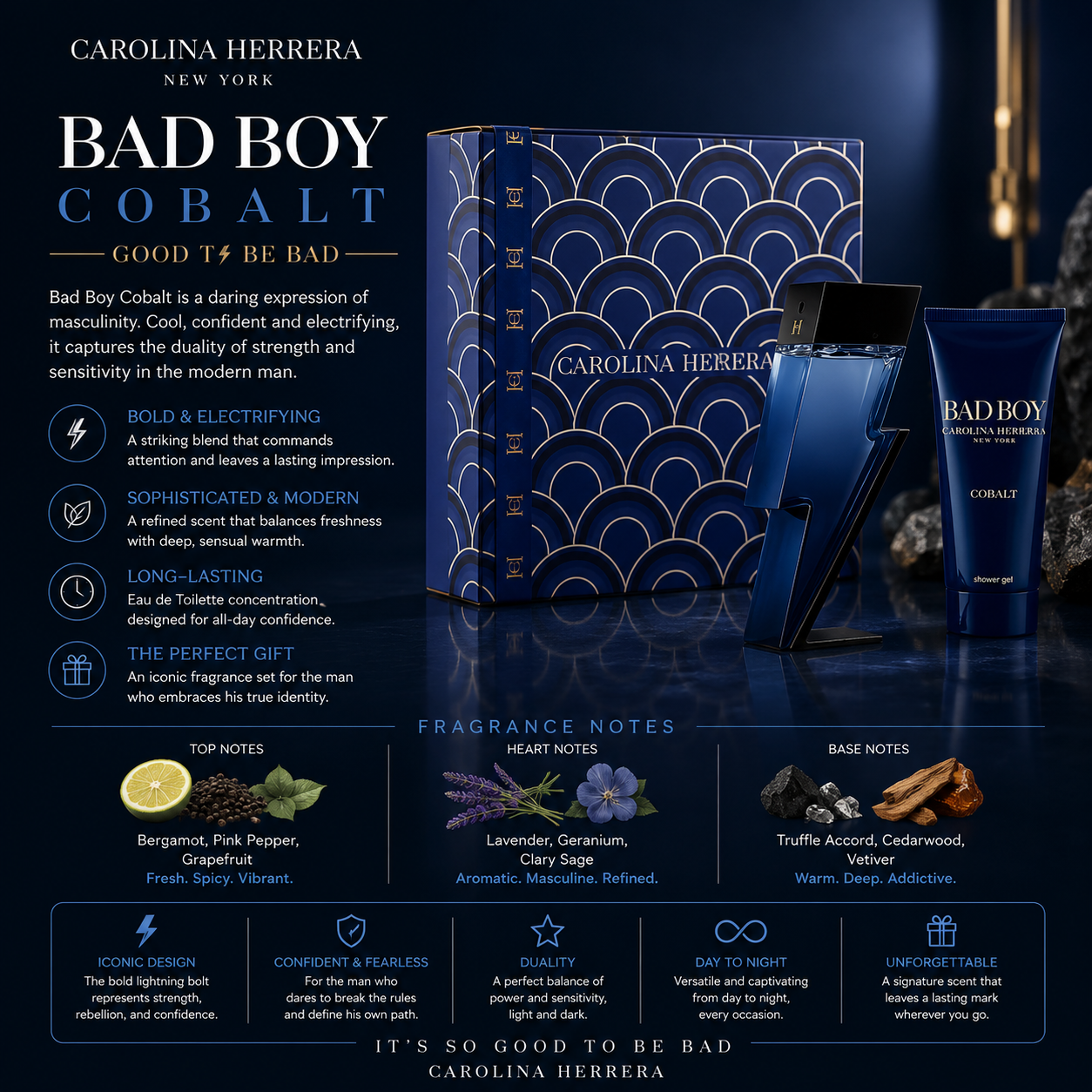 Carolina Herrera Bad Boy Cobalt Eau De Parfum 3.4 oz 2 Pc Gift Set 3.4 Eau De Parfum Spr + 3.4 Sg for Men