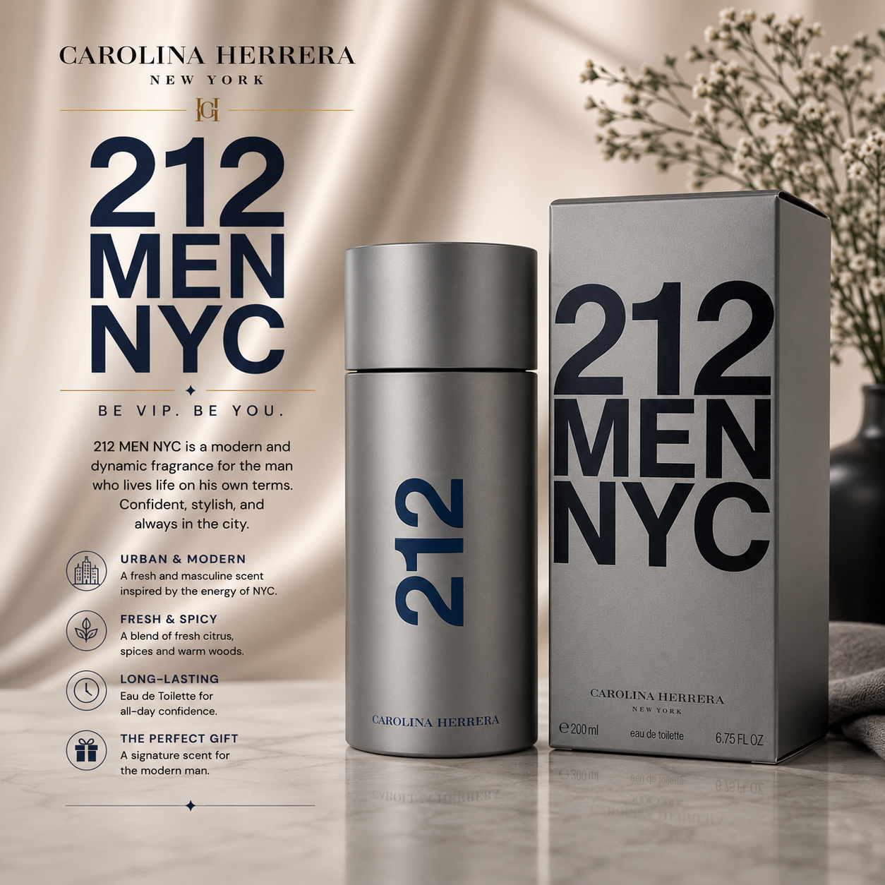 Carolina Herrera 212 Men Eau De Toilette 6.8 oz