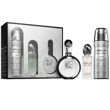 Lattafa Fakhar Eau De Parfum 3.4 oz 3 Pc Set 1.7 oz Hair Mist + 6.7 oz Deo Spr for Men