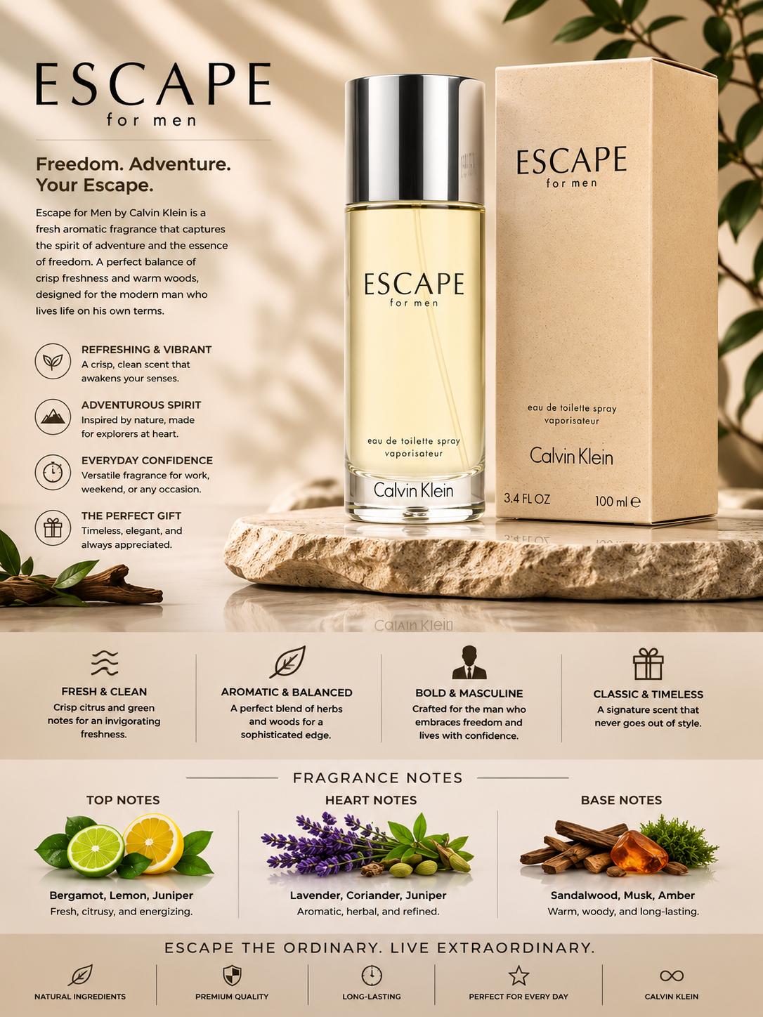 Calvin Klein Escape Eau de Toilette 3.4 oz for Men