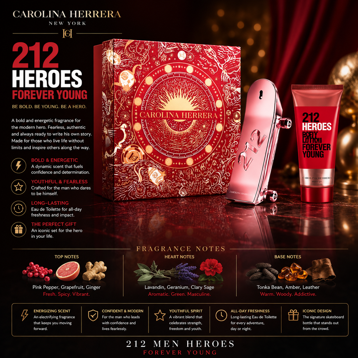 Carolina Herrera 212 Heroes Eau De Parfum 2.7 oz 2 Pc Set Includes 3.4 oz Bl for Women