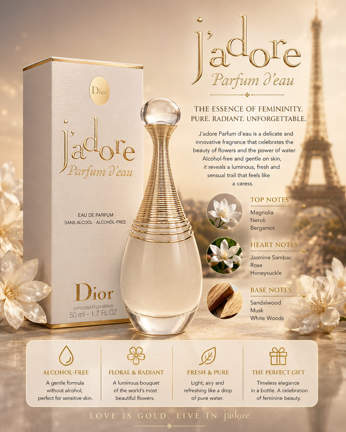 Christian Dior J'adore D'eau Eau De Parfum 1.7 oz  Alcohol Free for Women