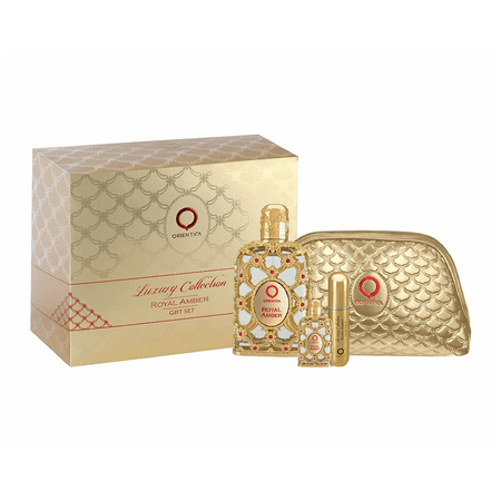 Orientica Royal Amber Eau De Parfum 2.7 oz 4 Pc Set 10 ml Travel Spray + Atomizer + Bag Lux Collection for Women