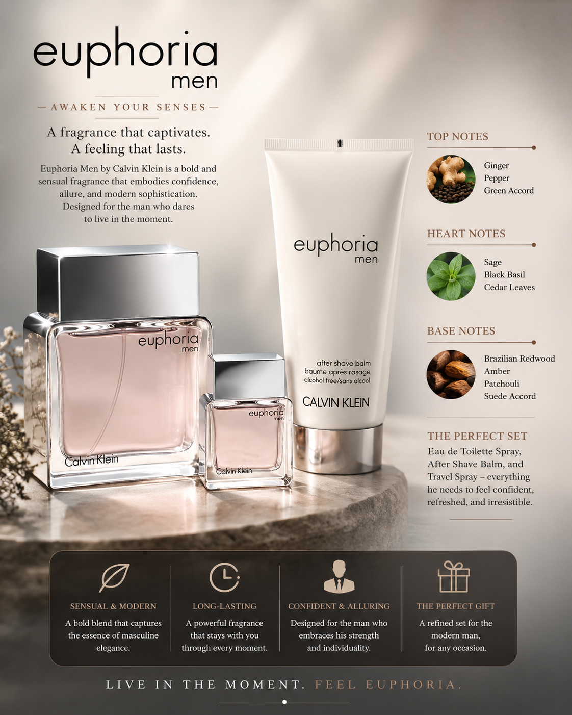 Euphoria 3pc Set Eau De Toilette 3.3 oz Hair & Body for Men