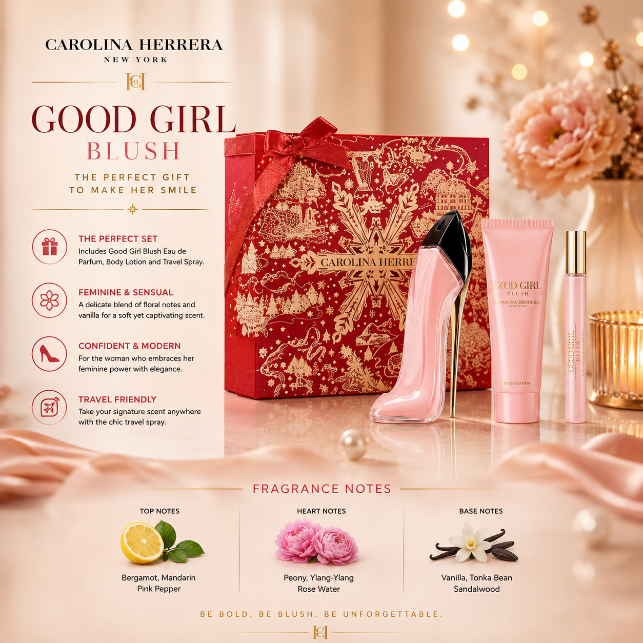 C. Herrera Good Girl Blush Eau De Parfum 2.7 oz 3 Pc Set 2.7 Eau De Parfum Spr + 3.4 Bl + 0.33 Travel Spr for Women
