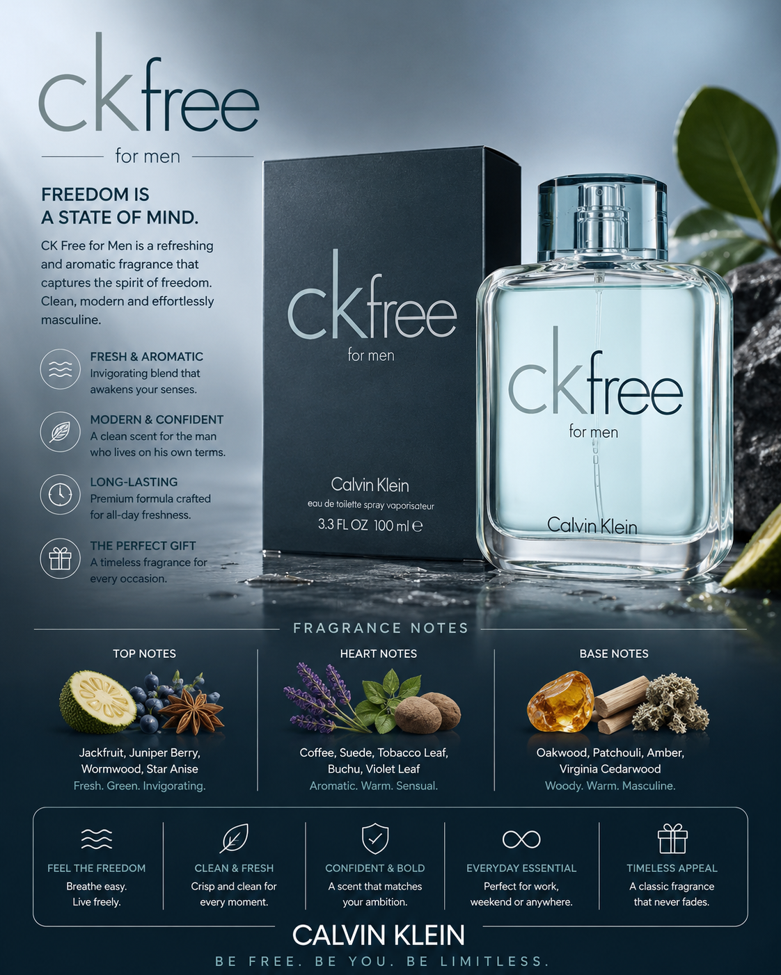 Calvin Klein Ck Free Eau de Toilette 3.4 oz for Men