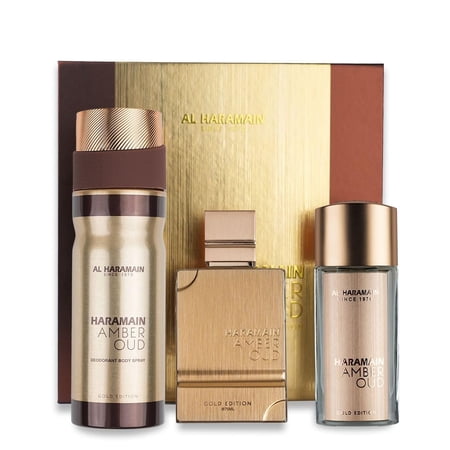 Al Haramain Amber Oud Gold Eau de Parfum for Unisex 3PC Set 2.5 oz, 1.0 oz, 6.6 oz Body Sp